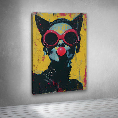 Pop Art Cat Woman Canvas Painting Frame – Modern Abstract Cat Lady Canvas Wall Art Painting Frame for Living Room Wall Decor