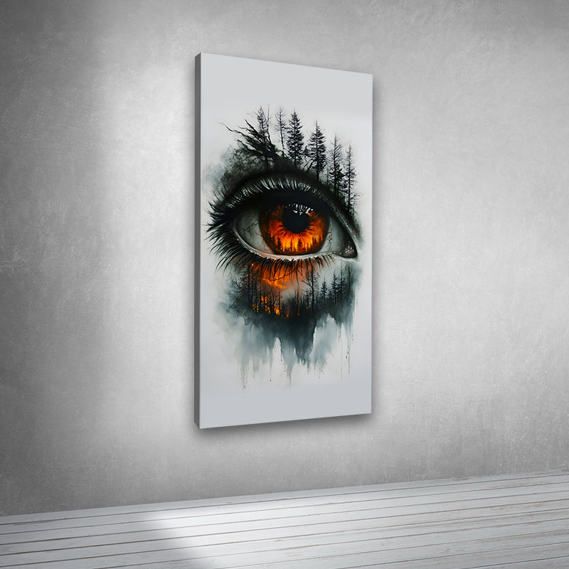 Canvas Painting Wall Frame | Surreal Forest Eye Abstract Art with Fiery Iris | Big Large Size Modern Symbolic Wall Art