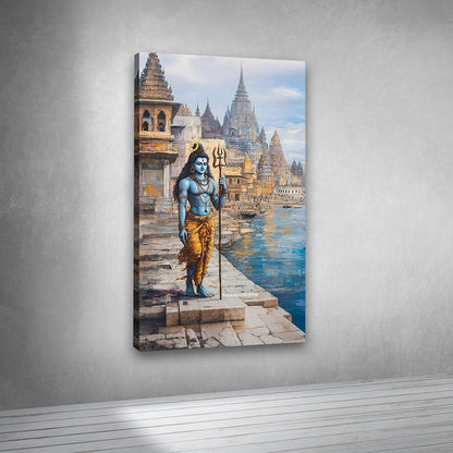 Lord Shiva at Varanasi Ghat Vertical Canvas Painting Wall Art