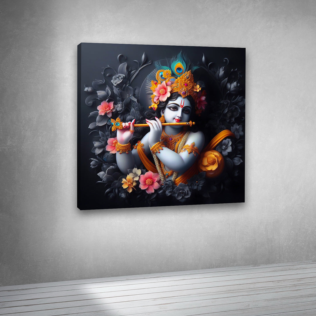 Lord Krishna Wall Painting with Flute – Divine Krishna Canvas Wall Art