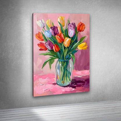 Colorful Tulip Flower Vase Canvas Painting Frame – Floral Canvas Wall Art Painting Frame for Living Room Wall Decor