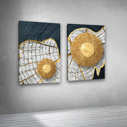 Gold Sunburst Abstract Canvas Painting Set of 2 Modern Wall Art (18 x 24 Inches Each Part)