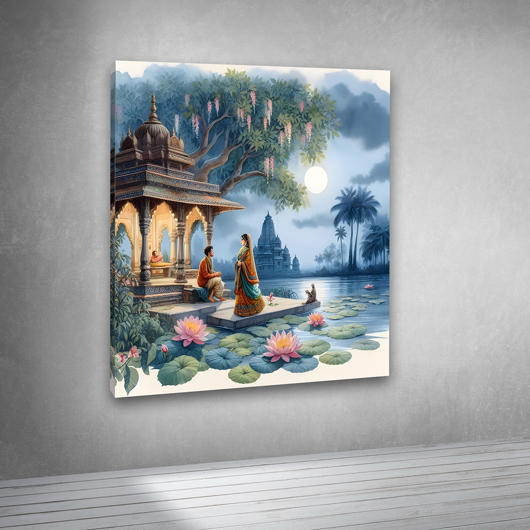 Radha Krishna Temple Scene Canvas Painting Frame Wall Art Decor | Spiritual Radha Krishna Lotus Lake Canvas Painting Frame for Living Room