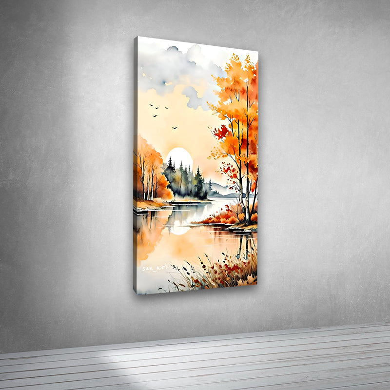 Canvas Painting Wall Frame | Serene Autumn Lakeside Watercolor Scenery | Big Large Size Nature Landscape Wall Art