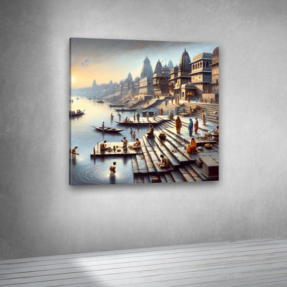 Varanasi Ghat Wall Painting – Spiritual Banaras River Scene Canvas Art