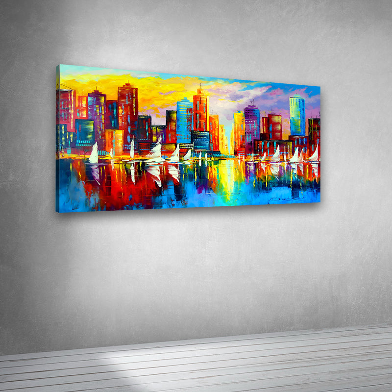 Canvas Painting Wall Frame | Vibrant Impressionist Cityscape with Sailboats | Colorful Urban Skyline Reflection Big Large Size Painting