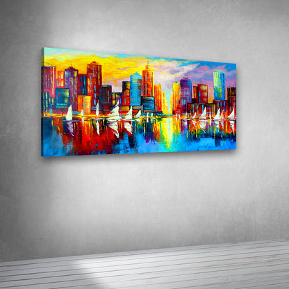 Canvas Painting Wall Frame | Vibrant Impressionist Cityscape with Sailboats | Colorful Urban Skyline Reflection Big Large Size Painting