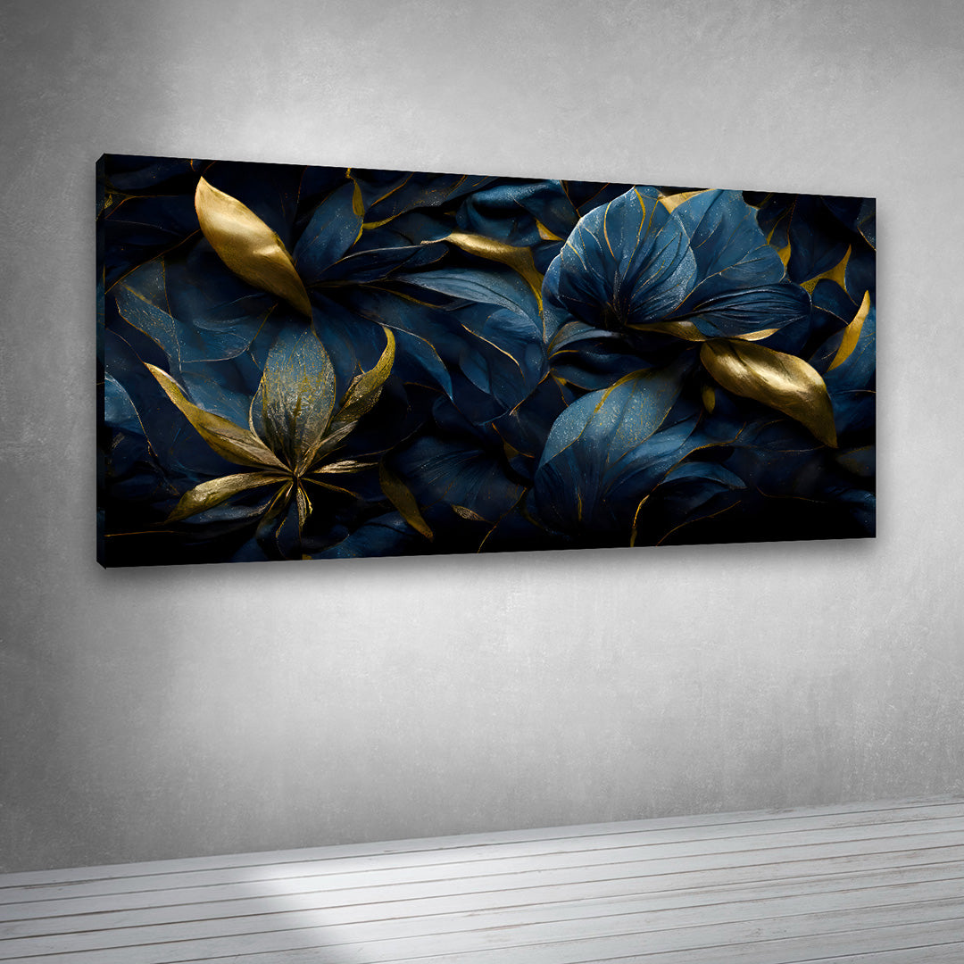 Abstract Blue Gold Floral Canvas Painting Wall Art – Large Size Frame for Living Room Decor