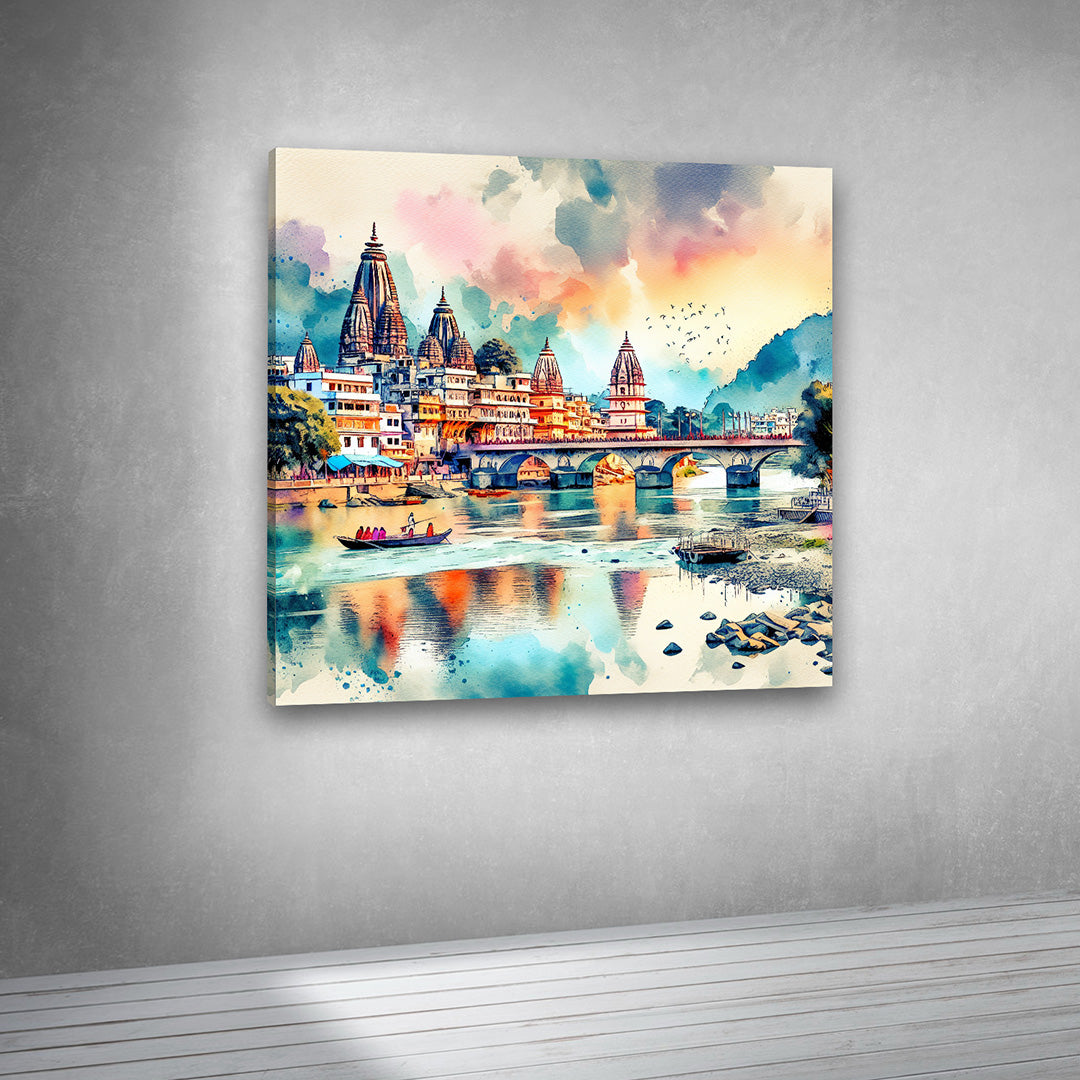 Vrindavan Riverside Temple Wall Painting – Krishna Nagari Canvas Wall Art