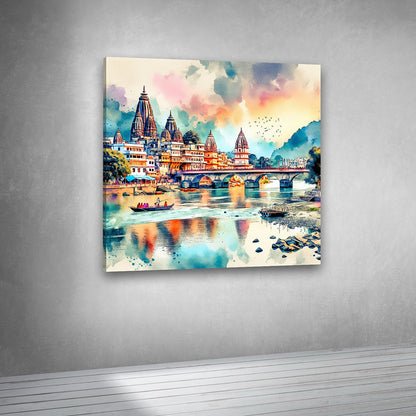 Vrindavan Riverside Temple Wall Painting – Krishna Nagari Canvas Wall Art