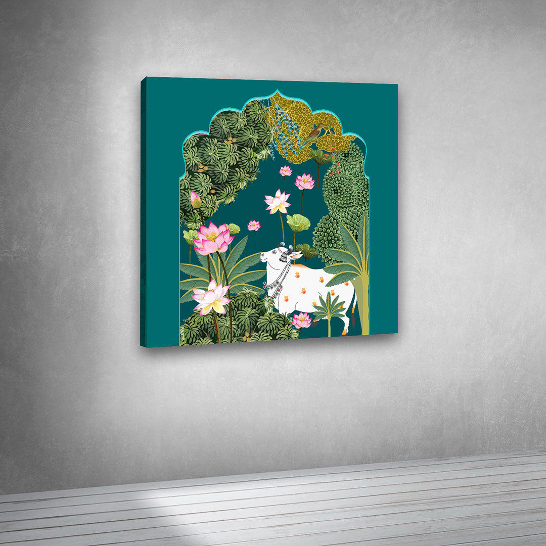 Canvas Painting Wall Frame | Traditional Indian Pichwai Cow Art | Sacred Kamdhenu with Pink Lotus in Teal Arch Modern Wall Art Decors