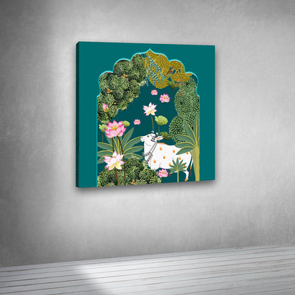 Canvas Painting Wall Frame | Traditional Indian Pichwai Cow Art | Sacred Kamdhenu with Pink Lotus in Teal Arch Modern Wall Art Decors