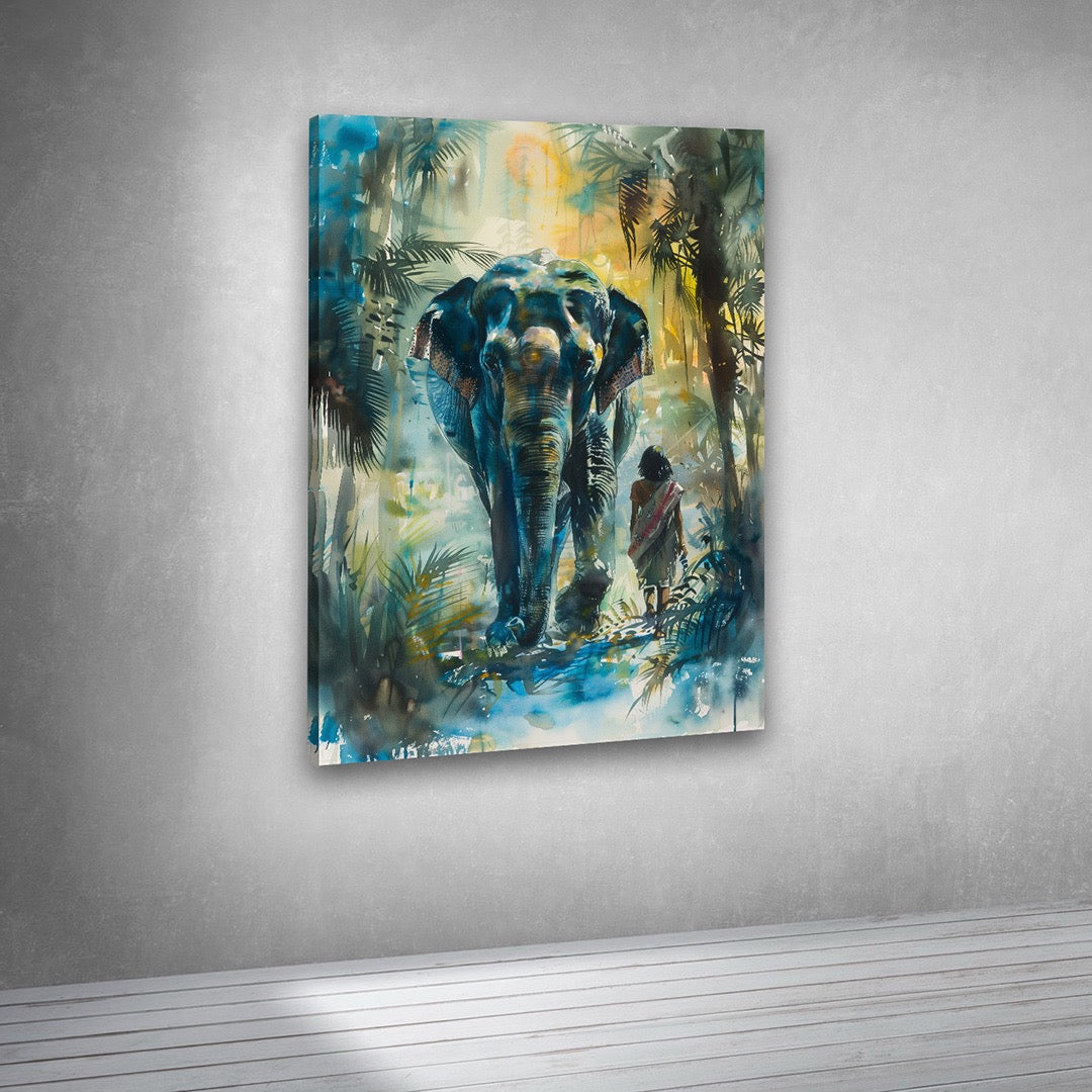 Woman Walking with Elephant Forest Canvas Painting Wall Art
