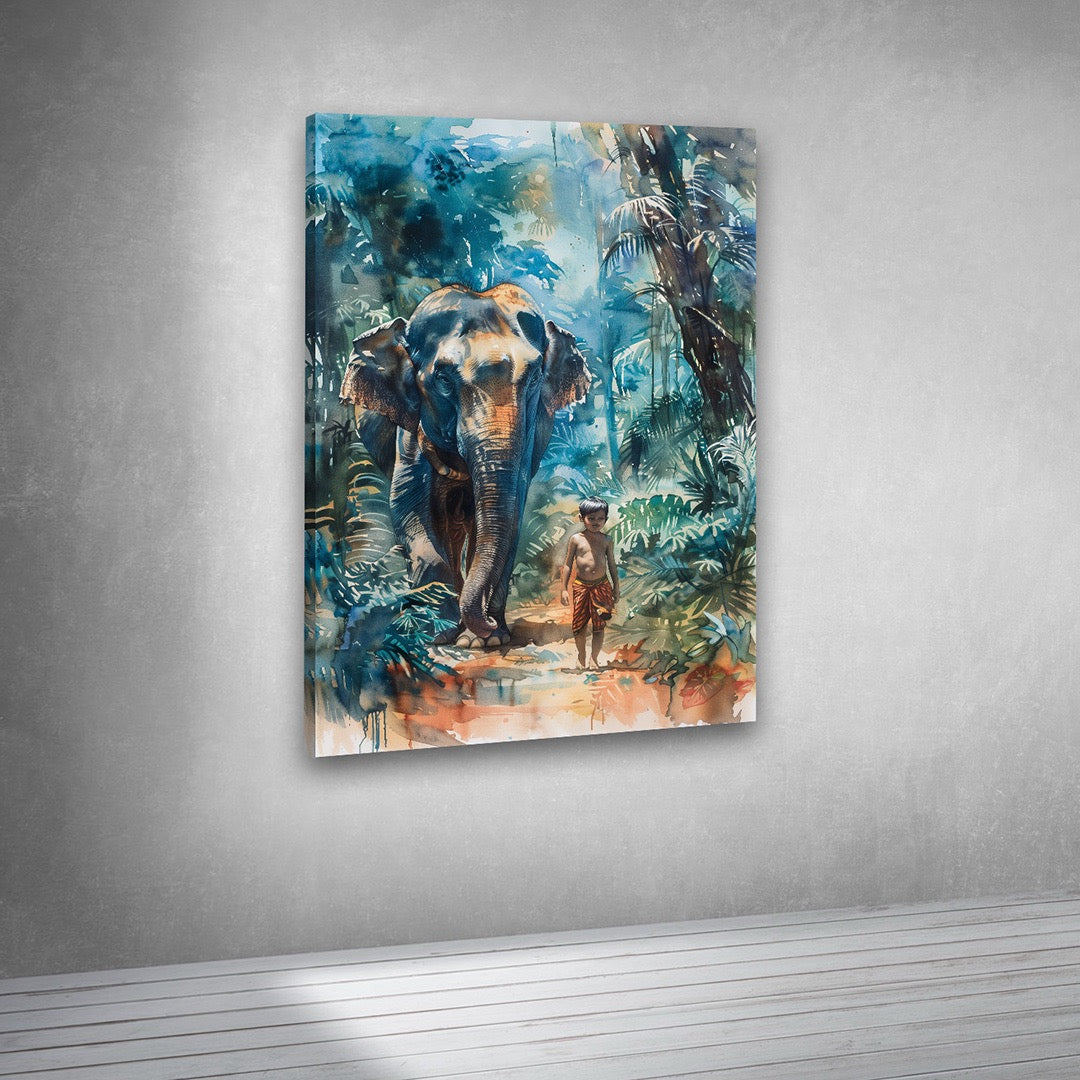 Child Walking with Elephant Forest Canvas Painting Wall Art