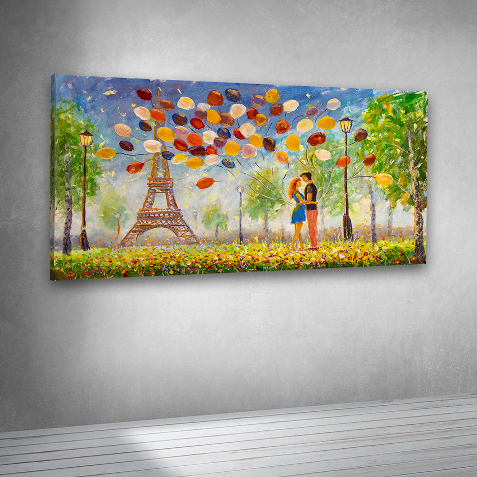 Romantic Eiffel Tower Couple Panorama Canvas Painting for Living Room & Large Wall Décor