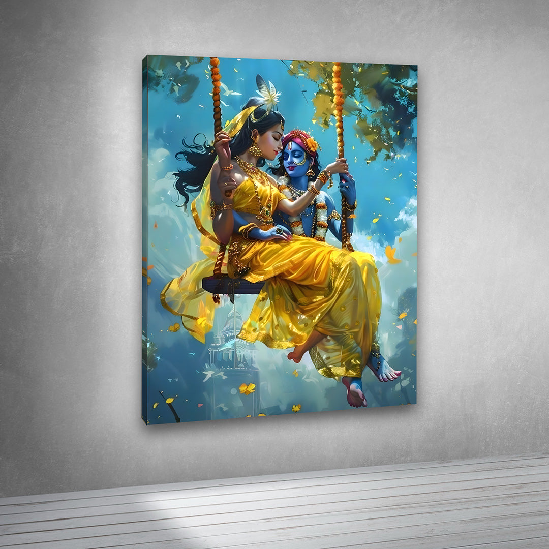 Radha Krishna Golden Swing Canvas Painting Frame Wall Art Decor | Divine Love Radha Krishna Jhula Canvas Painting Frame for Living Room
