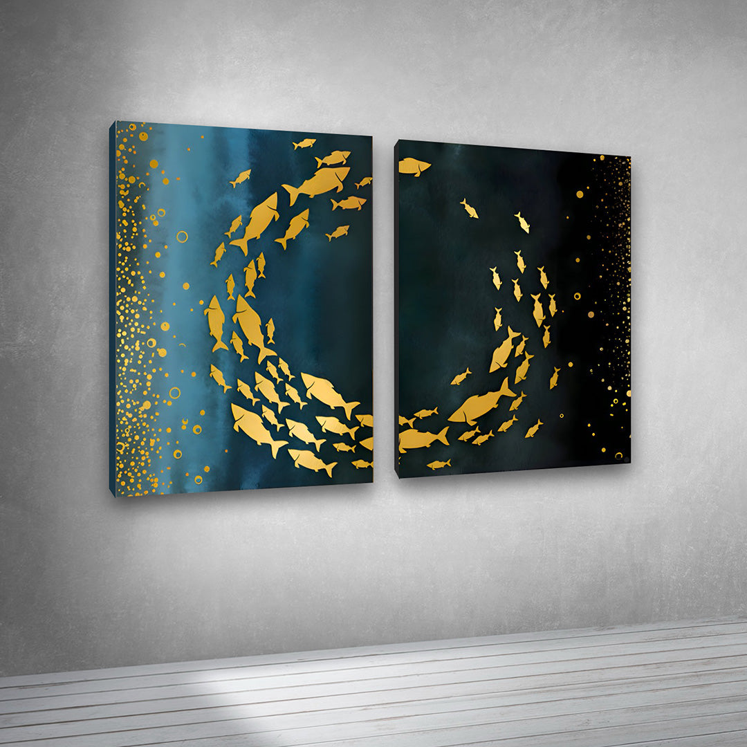 Abstract Gold Fish Canvas Painting Wall Art – Large Size Frame for Living Room (18 x 24 Inches Each Part)