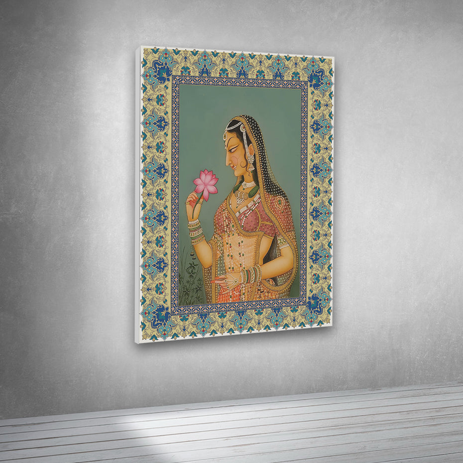 Traditional Rajasthani Woman Miniature Style Canvas Painting for Living Room & Ethnic Decor