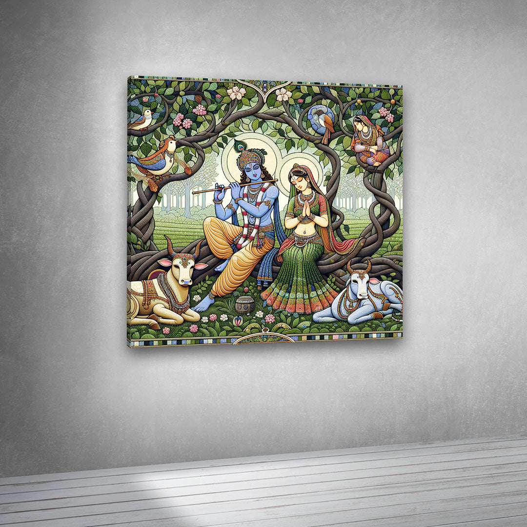 Radha Krishna Wall Painting Under Tree – Traditional Indian Spiritual Canvas Art
