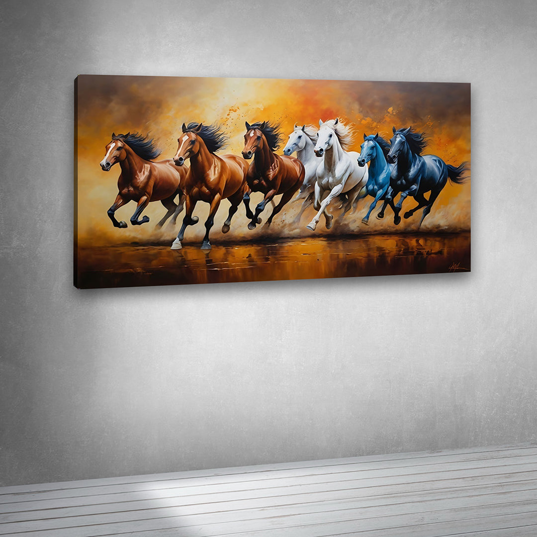 7 Running Horses Dynamic Canvas Painting Wall Art