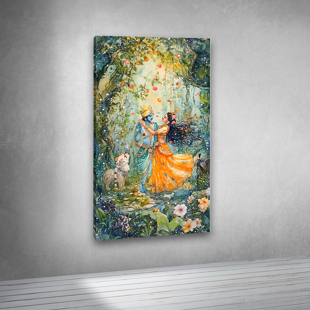 Radha Krishna Forest Dance Canvas Painting Frame Romantic Spiritual Wall Decor for Living Room