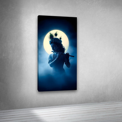 Krishna Moonlight Silhouette Canvas Painting Frame Spiritual Wall Decor for Living Room