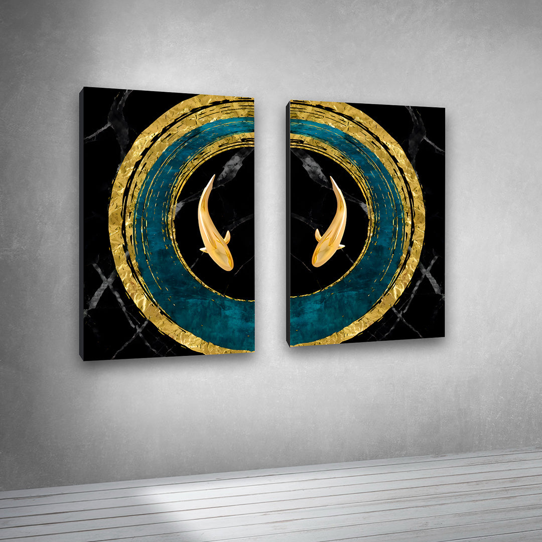Abstract Gold Koi Fish Circle Canvas Painting Wall Art Set – Frame for Living Room (18 x 24 Inches Each Part)