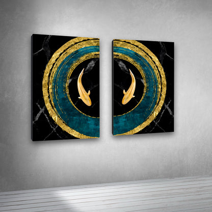 Abstract Gold Koi Fish Circle Canvas Painting Wall Art Set – Frame for Living Room (18 x 24 Inches Each Part)