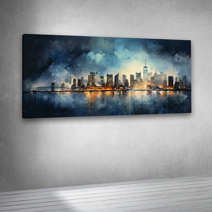 Abstract Night City Skyline Wall Painting – Modern Urban Canvas Art