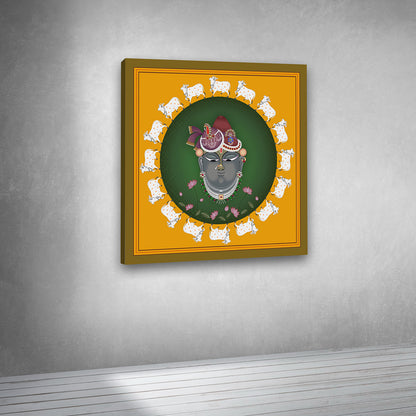 Canvas Pichwai Painting Wall Frame | Shrinathji Pichwai Art with Sacred Cows | Traditional Lord Krishna Portrait in Yellow and Green Modern Wall Art Decors