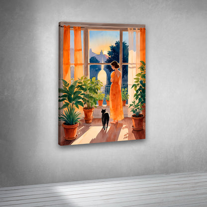 Woman at Window with Plants Canvas Painting Wall Art