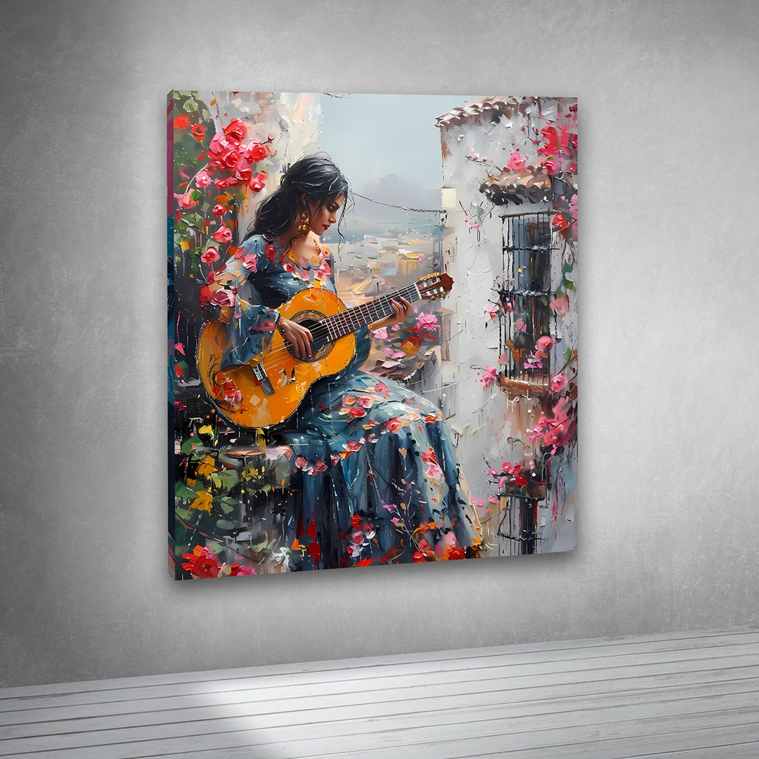 Girl Playing Guitar Canvas Painting Frame – Romantic Music Art Canvas Wall Art Painting Frame for Living Room Wall Decor