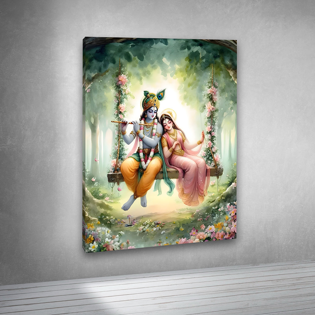 Radha Krishna Garden Swing Canvas Painting Frame Wall Art Decor | Divine Radha Krishna Floral Jhula Canvas Painting Frame for Living Room