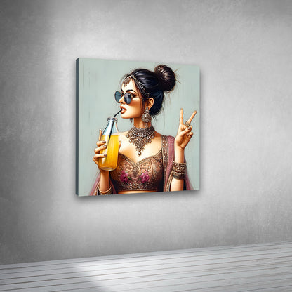 Canvas Painting Wall Frame | Fun & Stylish Indian Maiden Digital Art | Perfect for Modern Room & Cafe Decor | Modern Wall Art Decors