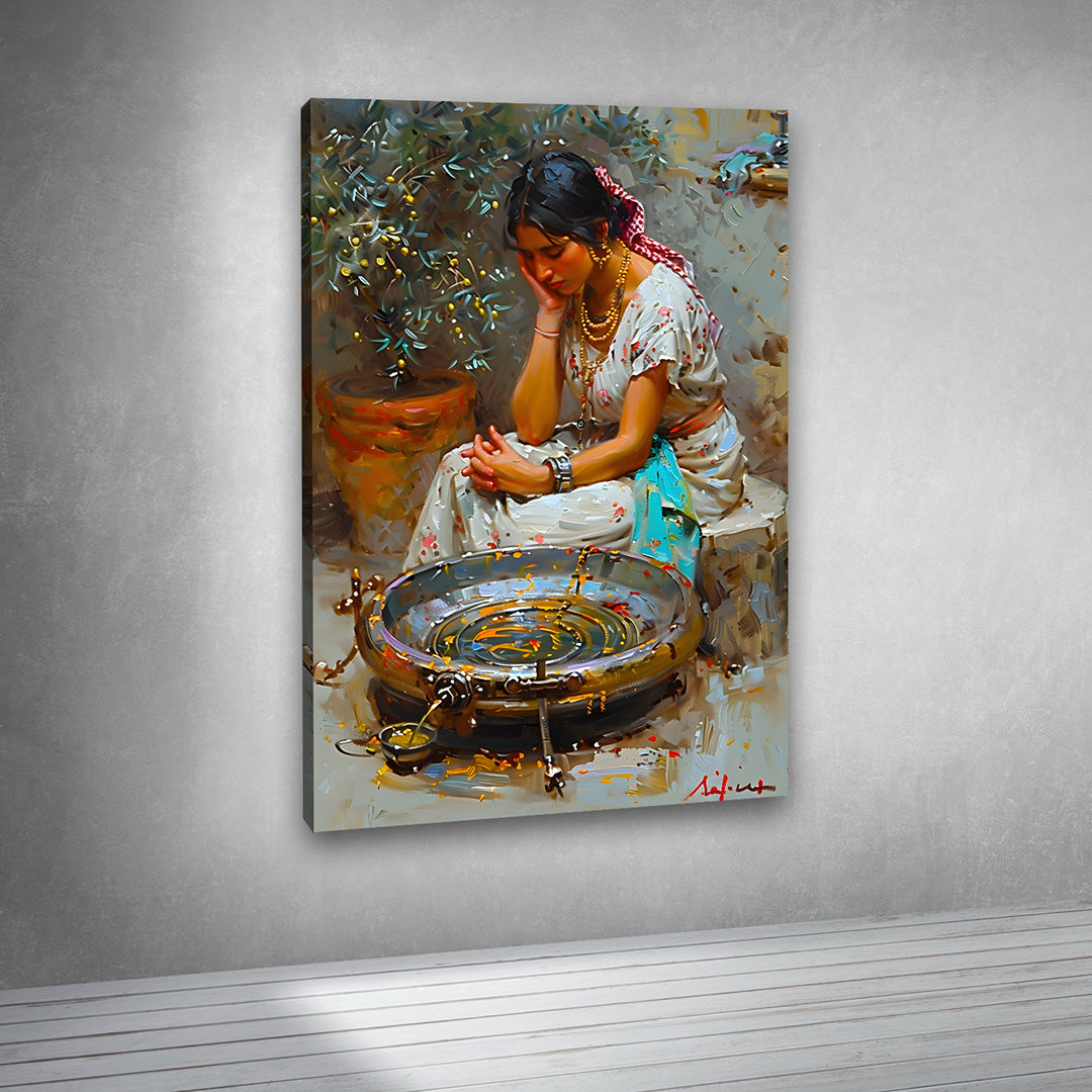 Traditional Indian Village Woman Canvas Painting Frame Wall Art Decor | Rural Pottery Scene Canvas Painting for Living Room