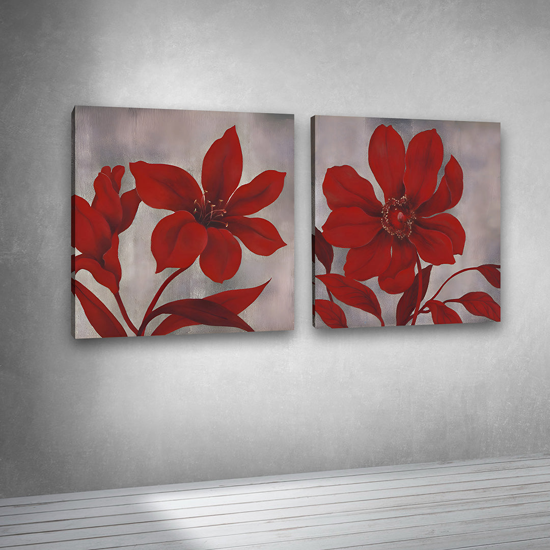 Abstract Red Floral Canvas Painting Wall Art Set – Large Size Frame for Living Room (18 x 18 Inches Each Part)