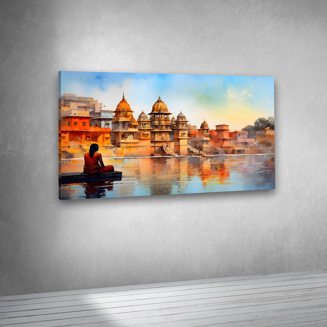 Spiritual Riverfront Temple Canvas Painting Frame Peaceful Landscape Wall Decor for Living Room