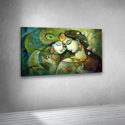 Radha Krishna Abstract Green Canvas Painting Frame Romantic Spiritual Wall Decor for Living Room