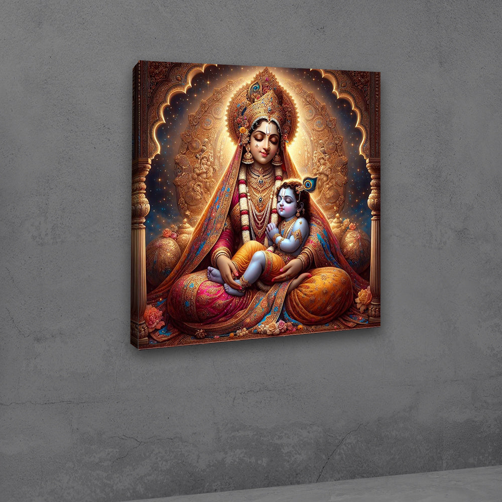 Lord Krishna With Yashoda Mata Canvas Painting Wall Frame | Childhood Lord Krishna Canvas Painting Frame