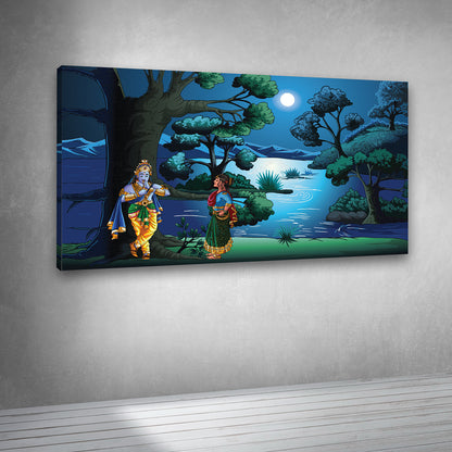 Radha Krishna Moonlight Forest Wall Painting – Spiritual Canvas Art
