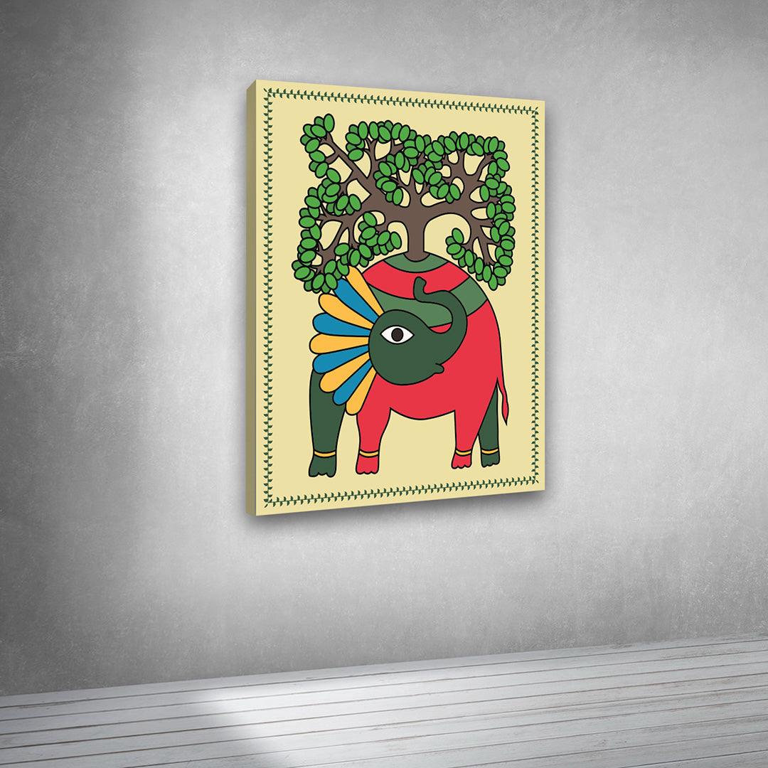 Canvas Painting Wall Frame | Ethnic Tree of Life Elephant Mural | Handmade Style Indian Tribal Decor Modern Wall Art Decors