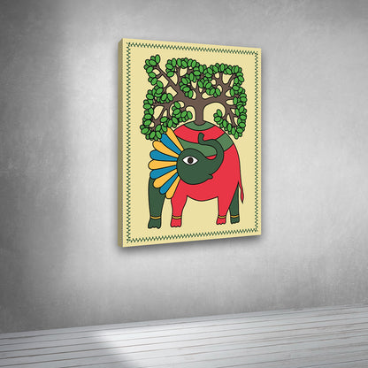 Canvas Painting Wall Frame | Ethnic Tree of Life Elephant Mural | Handmade Style Indian Tribal Decor Modern Wall Art Decors