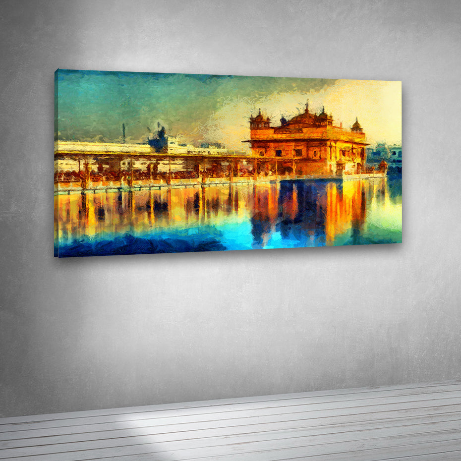 Golden Temple Abstract Panorama Canvas Painting for Living Room & Large Wall Décor