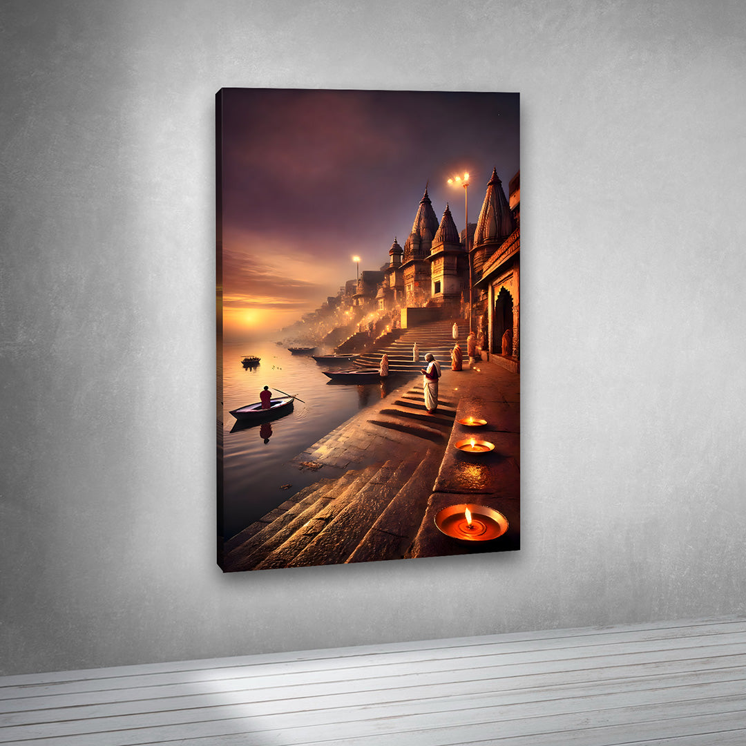 Varanasi Ghat Canvas Painting Frame Wall Art Decor | Spiritual Ganga River Evening Aarti Canvas Painting for Living Room
