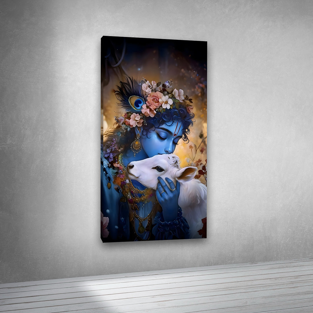Baby Krishna with Calf Canvas Painting Frame Divine Love Wall Decor for Living Room