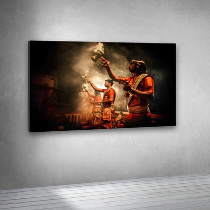 Varanasi Ganga Aarti Canvas Painting Frame – Spiritual Temple Ritual Canvas Wall Art Painting Frame for Living Room Wall Decor