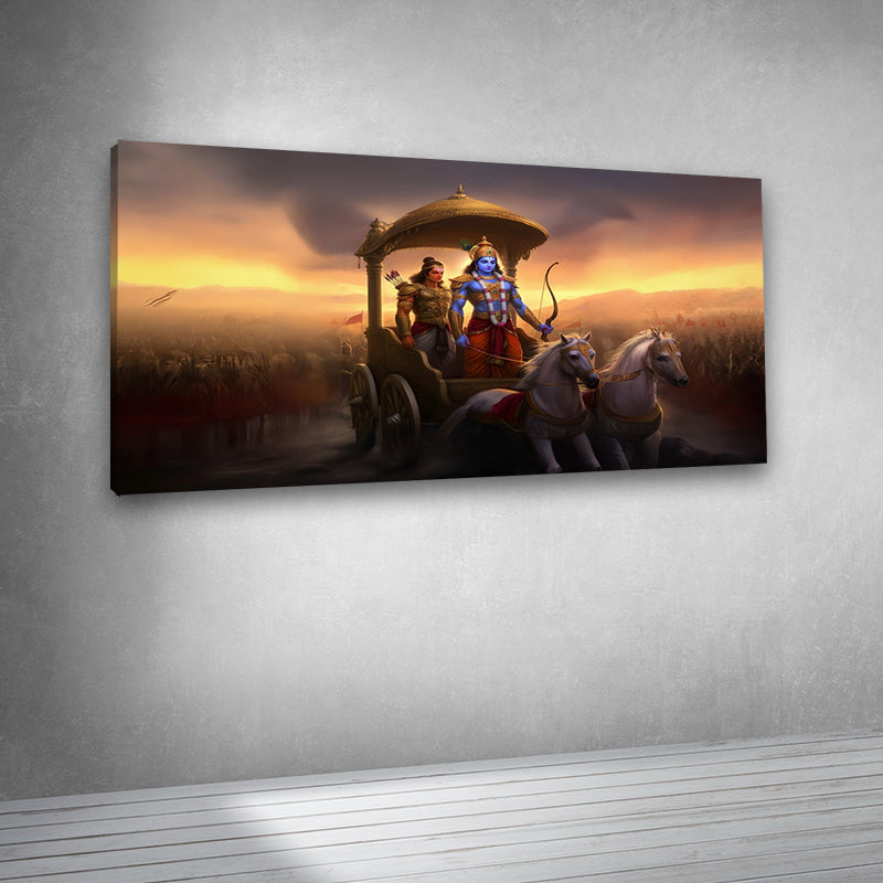 Krishna Arjuna Kurukshetra War Scene Wall Painting – Mahabharata Canvas Art