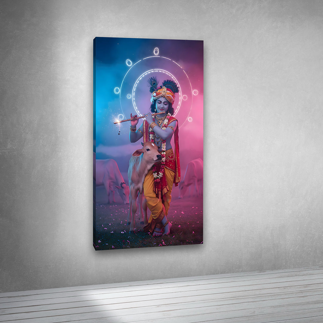 Krishna Neon Aura with Calf Canvas Painting Frame Modern Spiritual Wall Decor for Living Room
