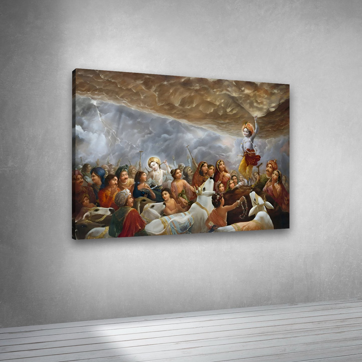 Lord Krishna Painting for Living Room Wall Decoration Holding On Finger Mountain Krishna Canvas Painting