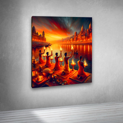 Ganga Aarti Varanasi Canvas Painting Frame – Spiritual River Ritual Canvas Wall Art Painting Frame for Living Room Wall Decor